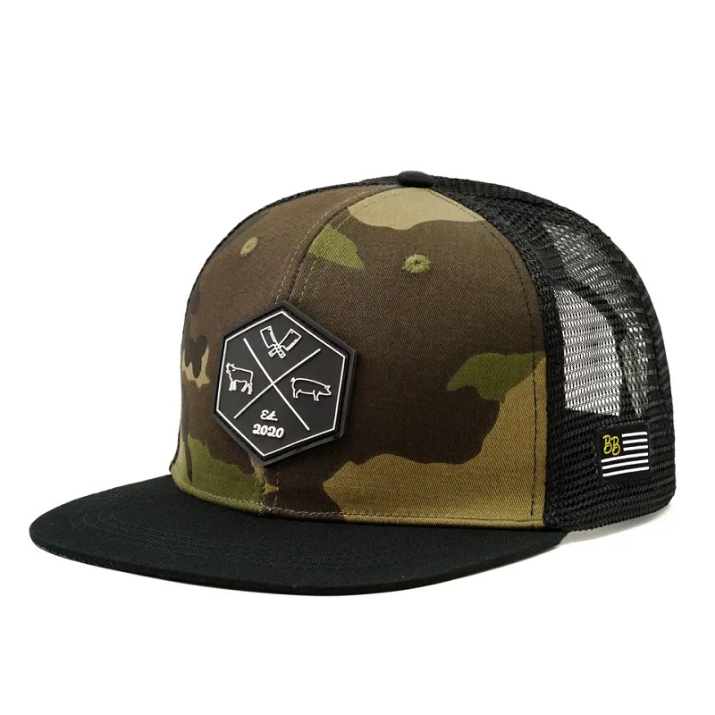 Logo di patch ricamato a mesh ricamato hip hop personalizzato all\'ingrosso con cappello da 6 pannelli a 6 pannelli con cappello da camioncink piatto e cappello