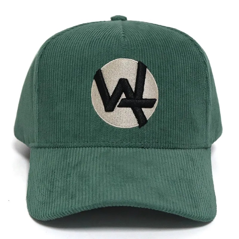 Cappello da baseball a 5 pannelli diretto su misura con cappello velluroy verde con ricamo 3d logo cotone a banda invernale cotone a banda invernale
