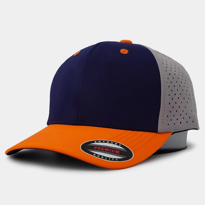 Logo di ricamo da 6 ricamo a 6 pannelli personalizzato Bill Curved Bill Hat perforato, cappello da baseball con foro laser resistente all\'acqua